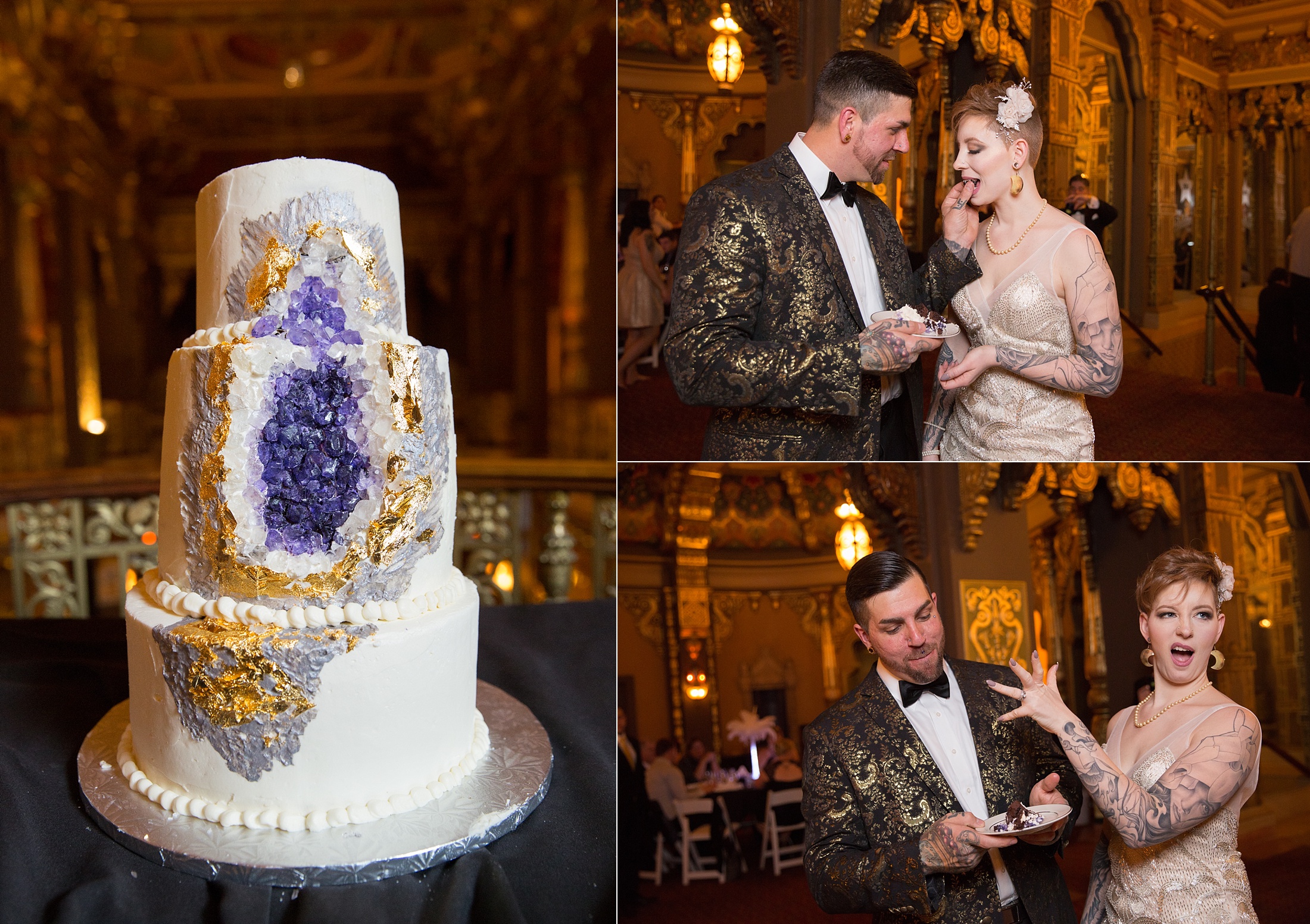 Landmark Theatre, Syracuse, NY, wedding couple, bride, groom, geode cake 