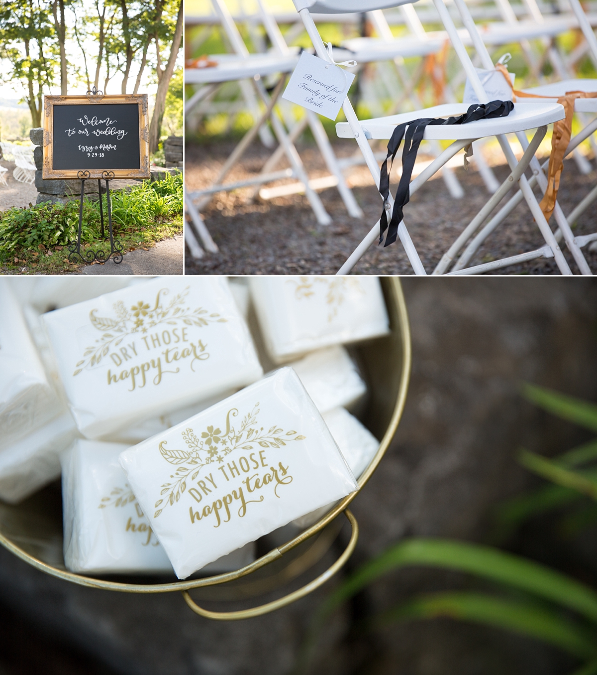 beardslee castle, little falls, ny, sarah heppell photography, handwritten welcome to our wedding ceremony sign, dry those happy tears wedding ceremony tissues, wedding ceremony ribbon wands, reserved seats at wedding ceremony