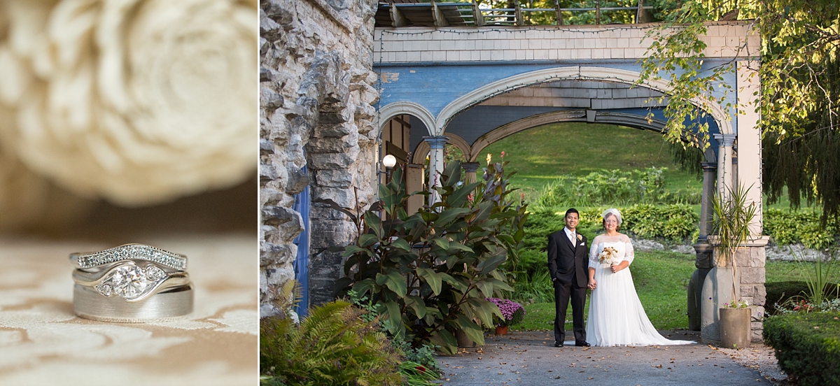 beardslee castle, little falls, ny, sarah heppell photography, wedding bands, engagement ring, newlyweds hold hands in front of beardslee castle