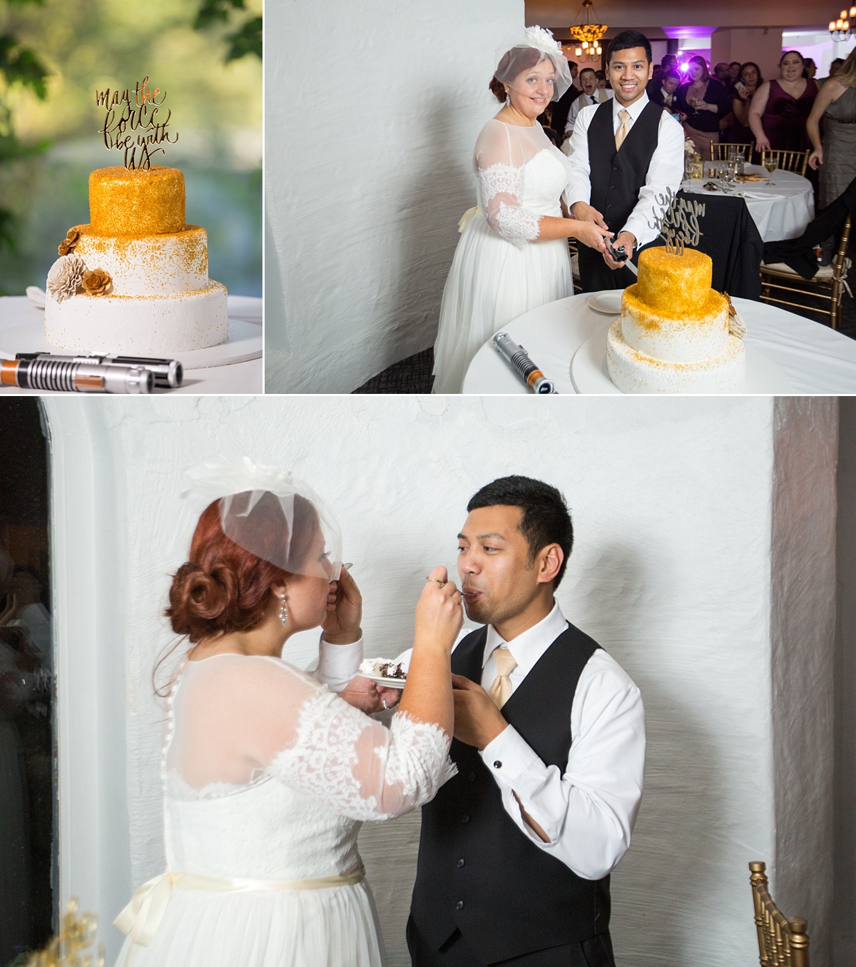 beardslee castle, little falls, ny, sarah heppell photography, newlyweds cutting cake, cake cutting ceremony, may the force be with us cake topper, star wars, star wars cake topper, star wars cake knife and server