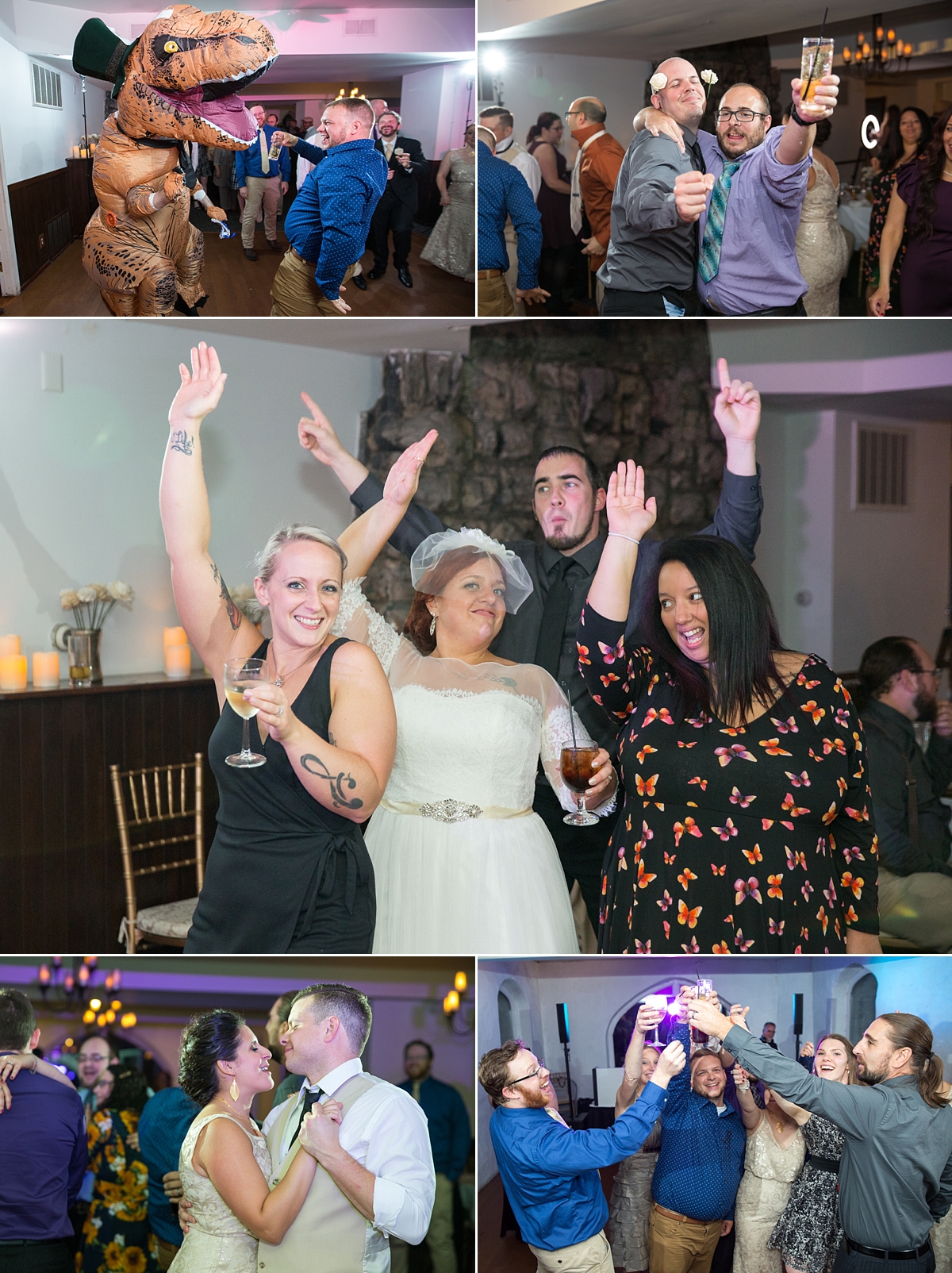 wedding reception guests dancing, blow up dinosaur at wedding reception, beardslee castle, little falls, ny, sarah heppell photography