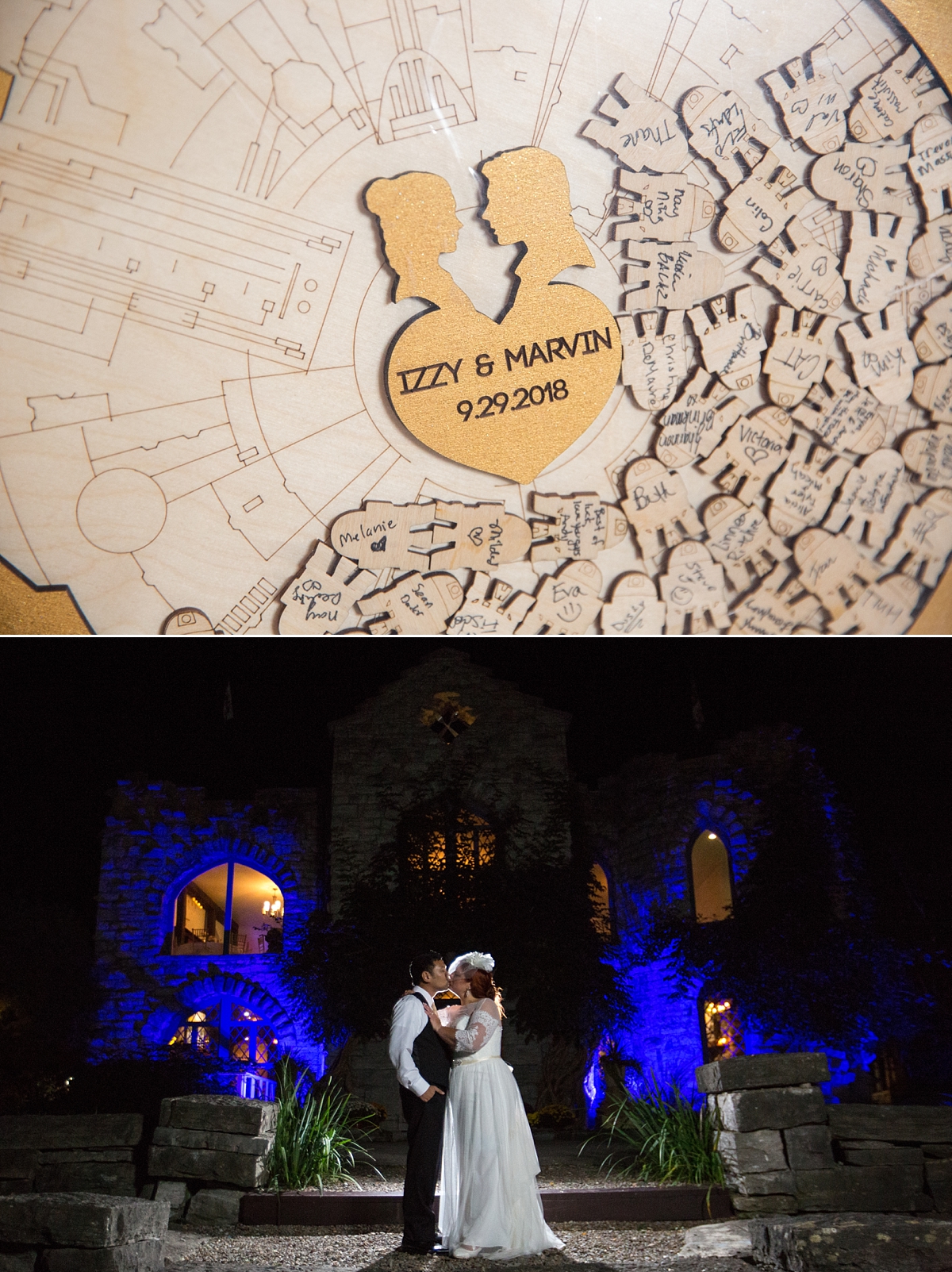 married couple kissing outside beardslee castle at night, custom star wars guestbook made of wood