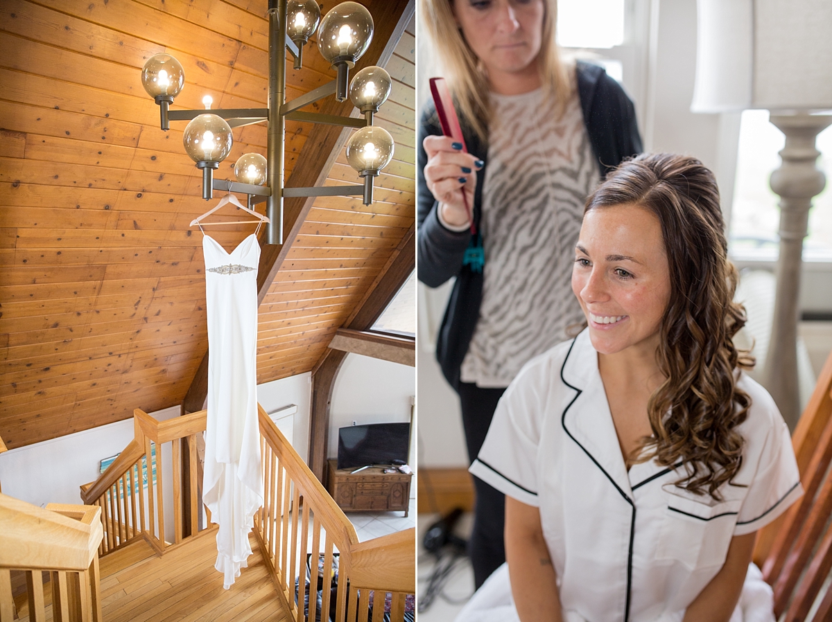 wedding gown from lovely bride hands from chandelier, bride gets hair done on wedding day, chantelle marie lakehouse and celebration venue, sarah heppell photography