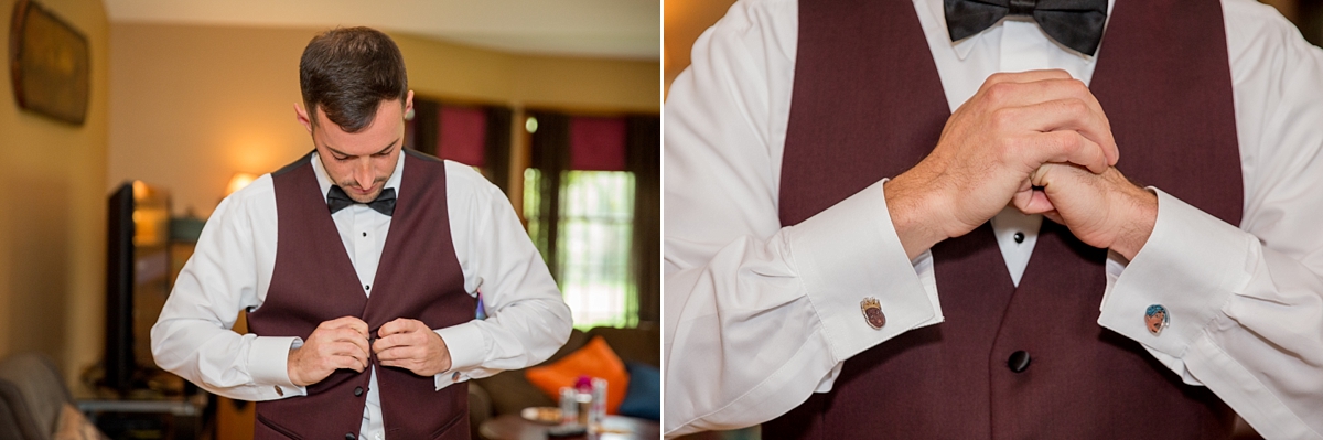 groom gets ready in maroon suit and black tie, leroy's place cufflinks