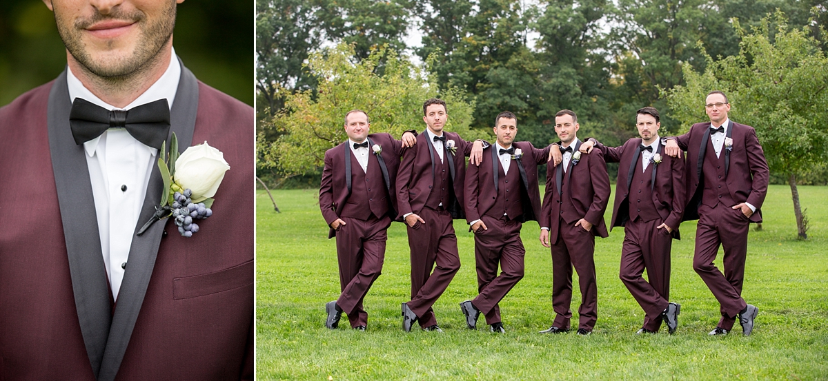 chantelle marie lakehouse and celebration venue, sarah heppell photography, groom in maroon suit and black tie, boutonnière with white rose and blue berries 