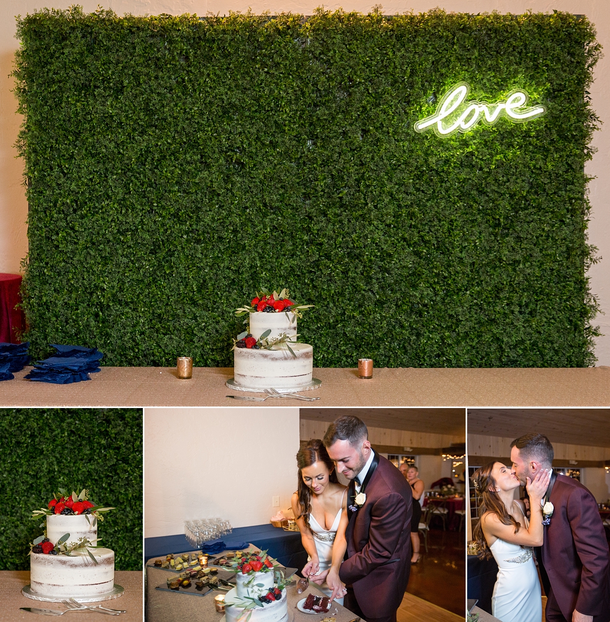 chantelle marie lakehouse and celebration venue, sarah heppell photography, whistlestop florist reception decor, mlh events reception decor, patisserie wedding cake, neon love sign, bride and groom cut cake at wedding reception 