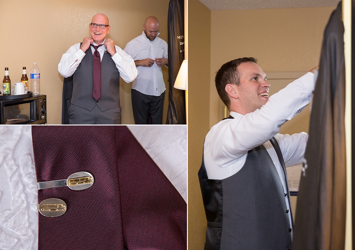 groom gets ready, maroon ties, custom tie clips, family heirloom