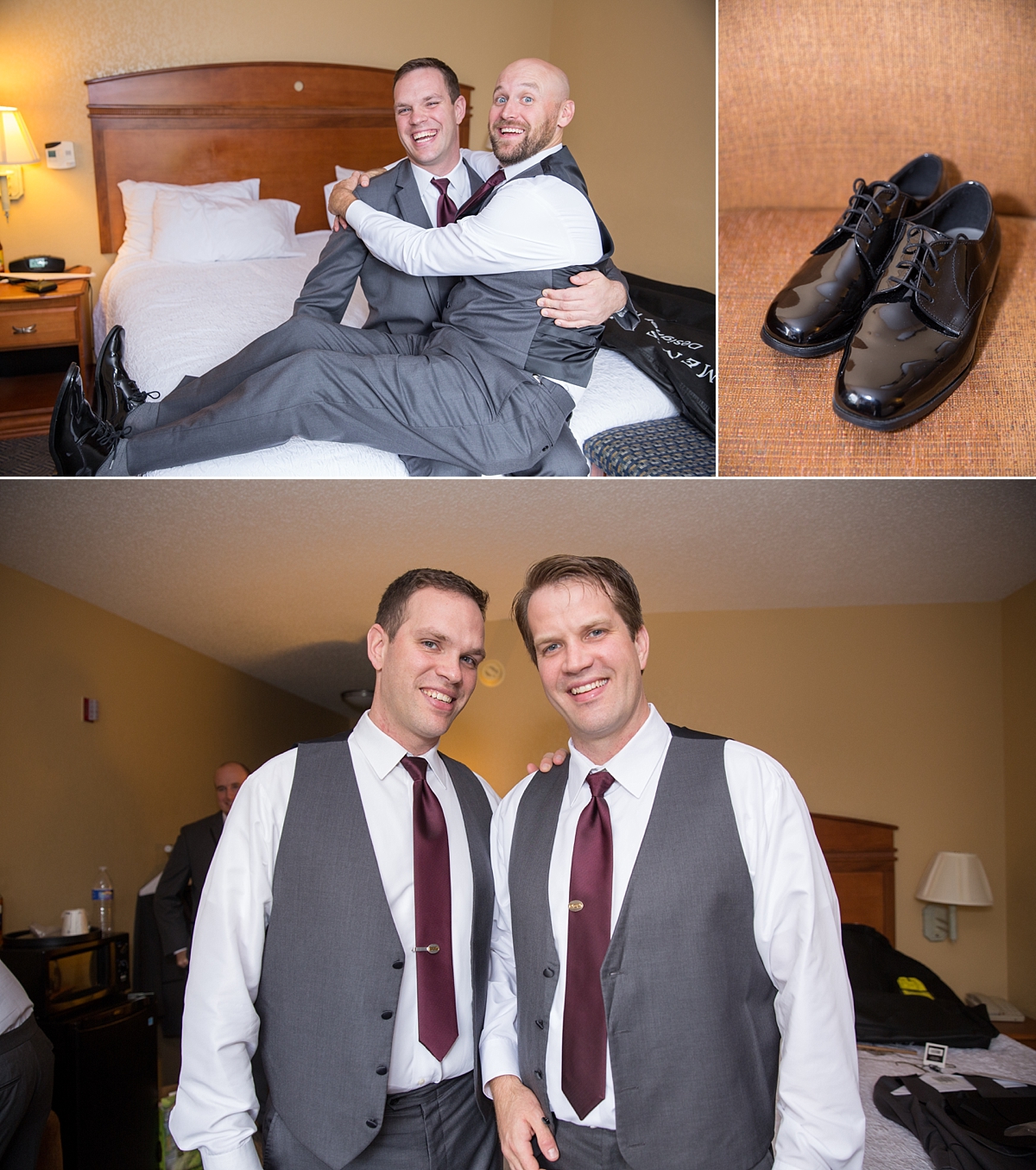 groom gets ready, groomsmen in maroon ties and grey suits, 