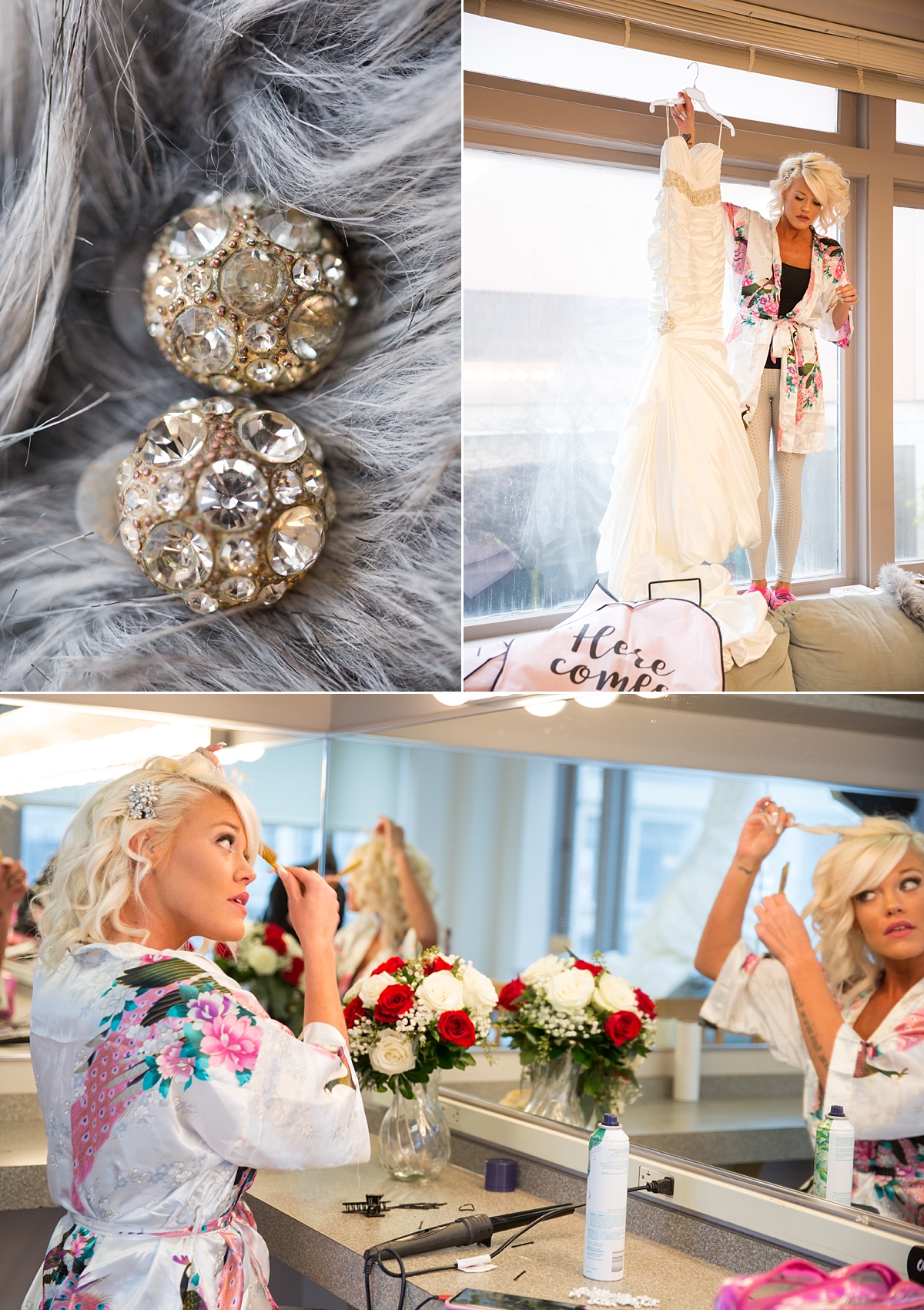 bride's large diamond earrings lay on fur stole, bride gets ready upstairs at the landmark theatre, bride holds her gown