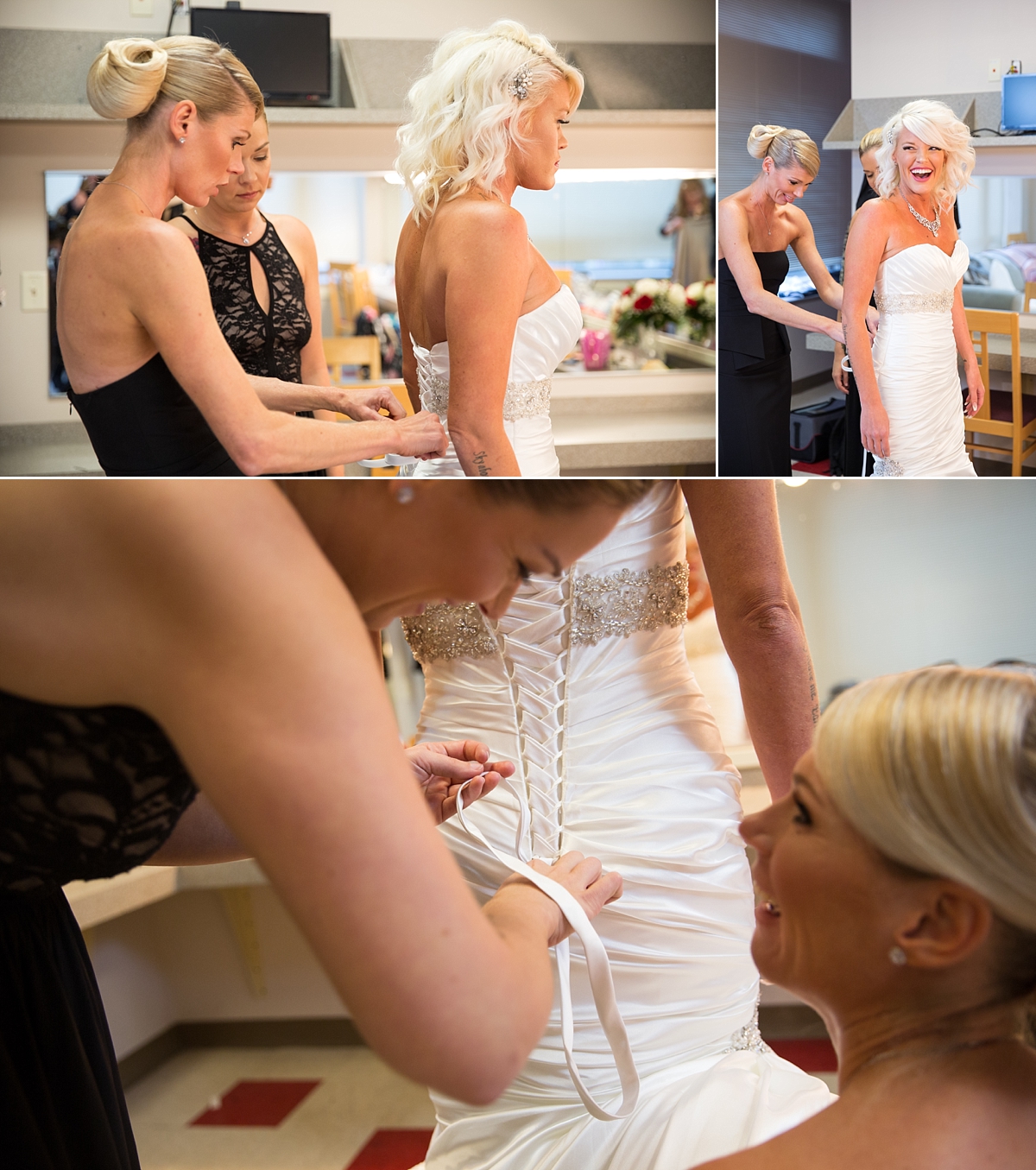bride gets laced up in wedding gown from spybaby bridal, syracuse, ny, bride gets ready at the landmark theatre, sarah heppell photography
