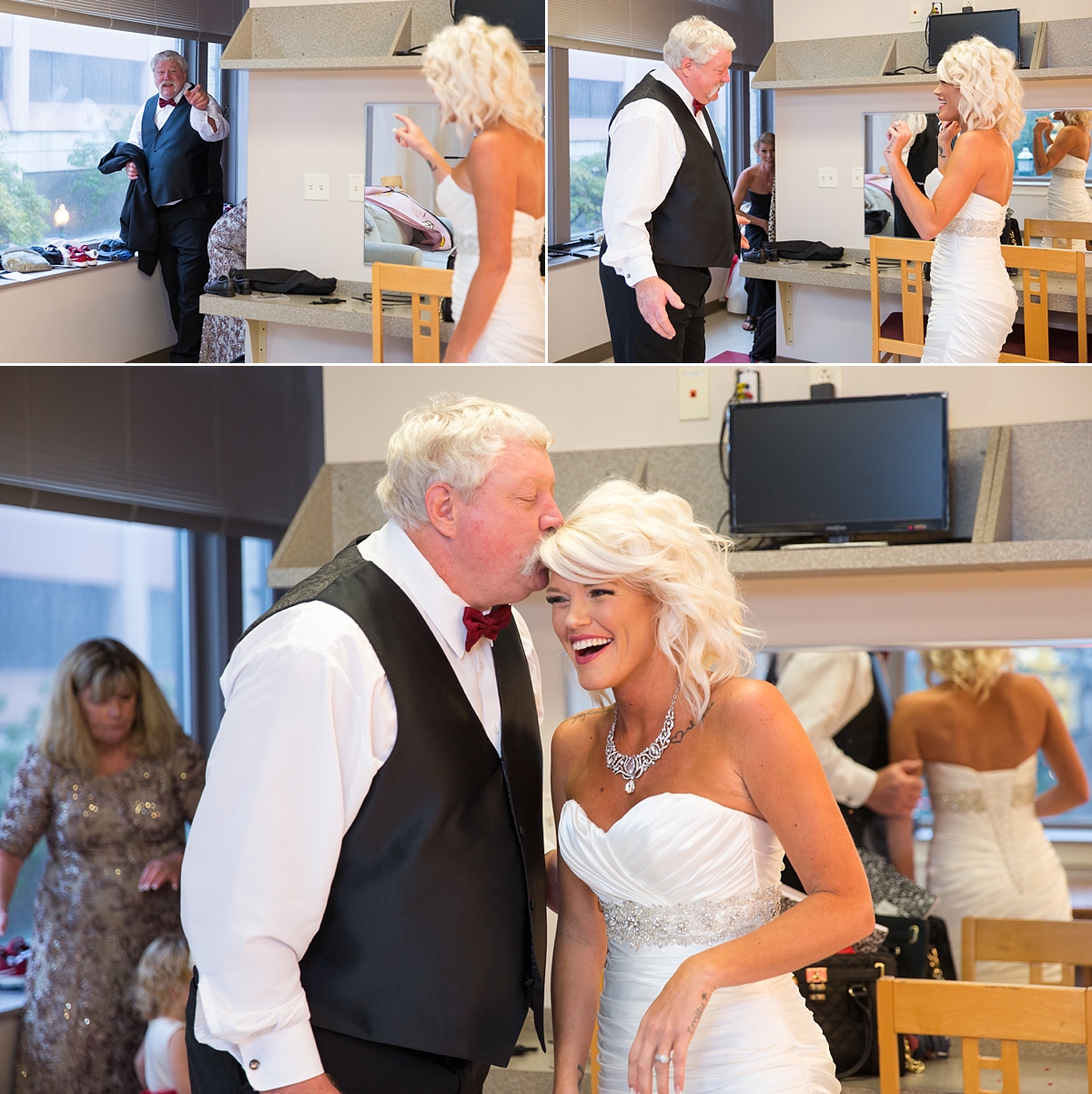 bride has first look with father at landmark theatre, syracuse, ny, sarah heppell photography, spybaby bridal wedding dress