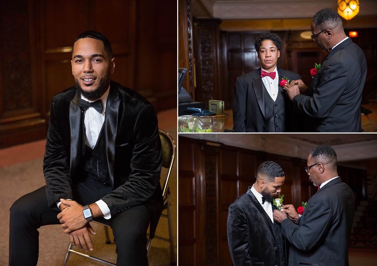 groom's father puts on his boutonnière at the landmark theatre, sarah heppell photography, groom in black satin suit jacket from men's wearhouse 