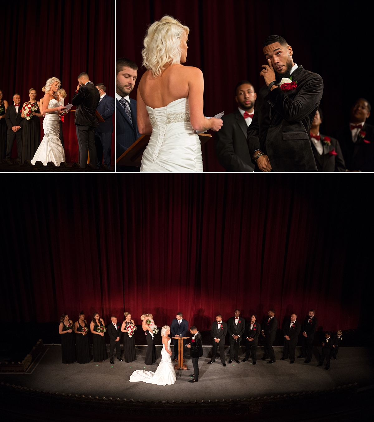 wedding ceremony on the stage at the landmark theatre, bride in wedding dress from spybaby bridal, groom in black satin suit jacket from men's wearhouse, syracuse, ny, sarah heppell photography