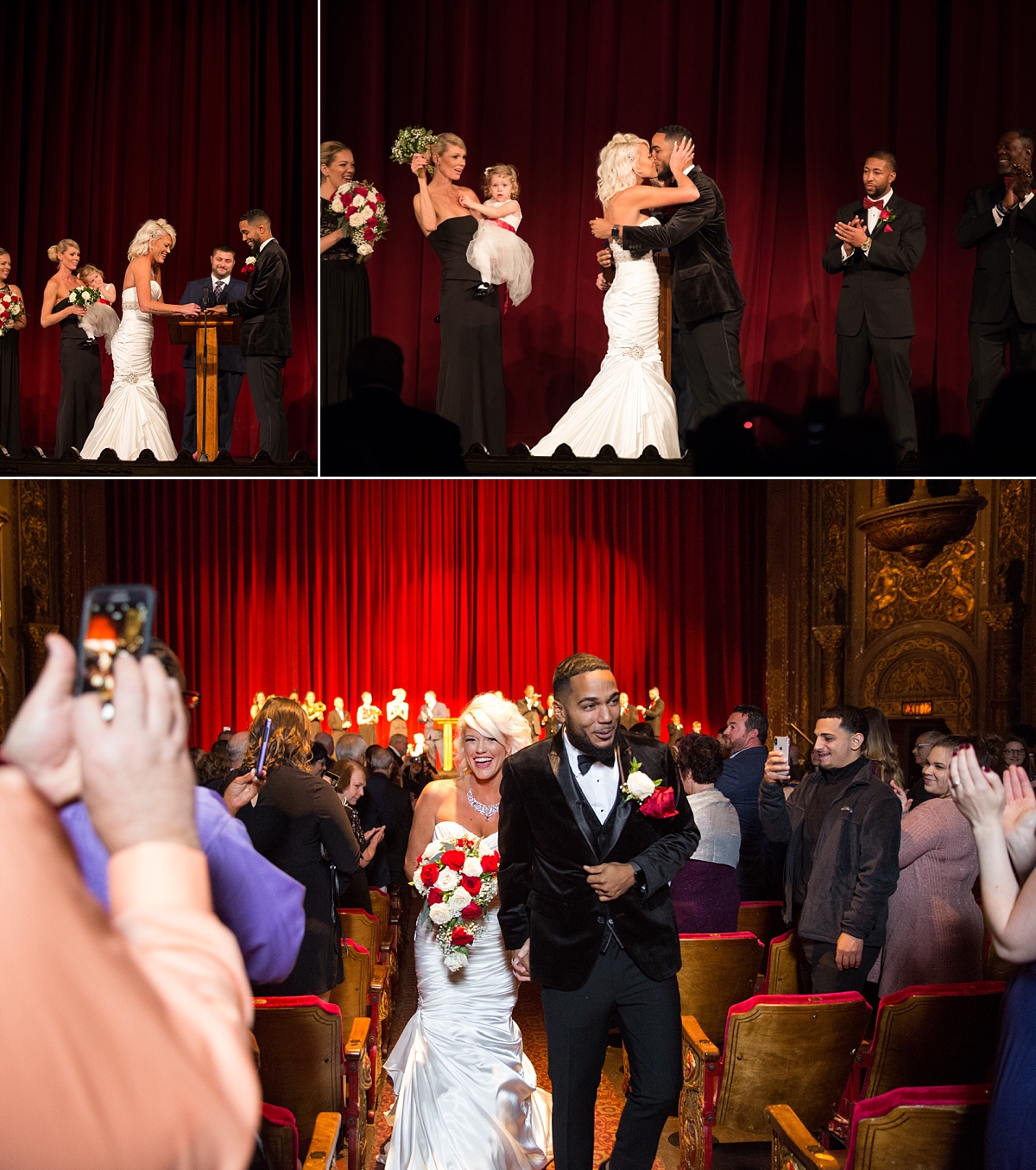 wedding ceremony on the stage at the landmark theatre, bride in wedding dress from spybaby bridal, groom in black satin suit jacket from men's wearhouse, syracuse, ny, sarah heppell photography