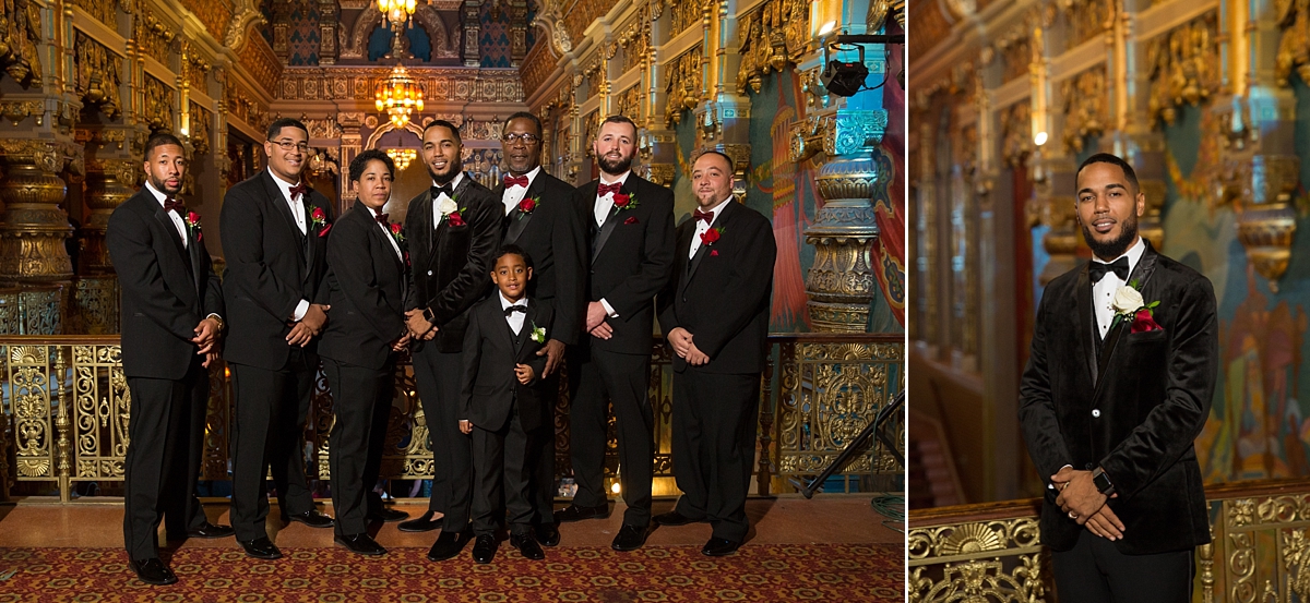 groom with groomsmen on second floor of the landmark theatre, syracuse, ny, sarah heppell photography, boutonnières by leaf and stem florist