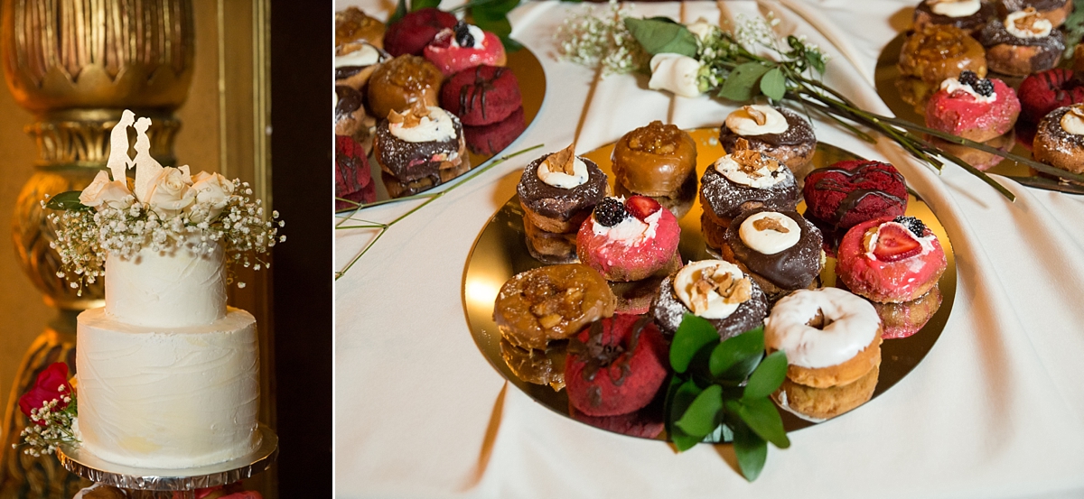 wedding cake by maria rotella, doughnuts by glazed and confused, syracuse ny, dessert table at the landmark theatre, syracuse, ny, wedding reception, sarah heppell photography