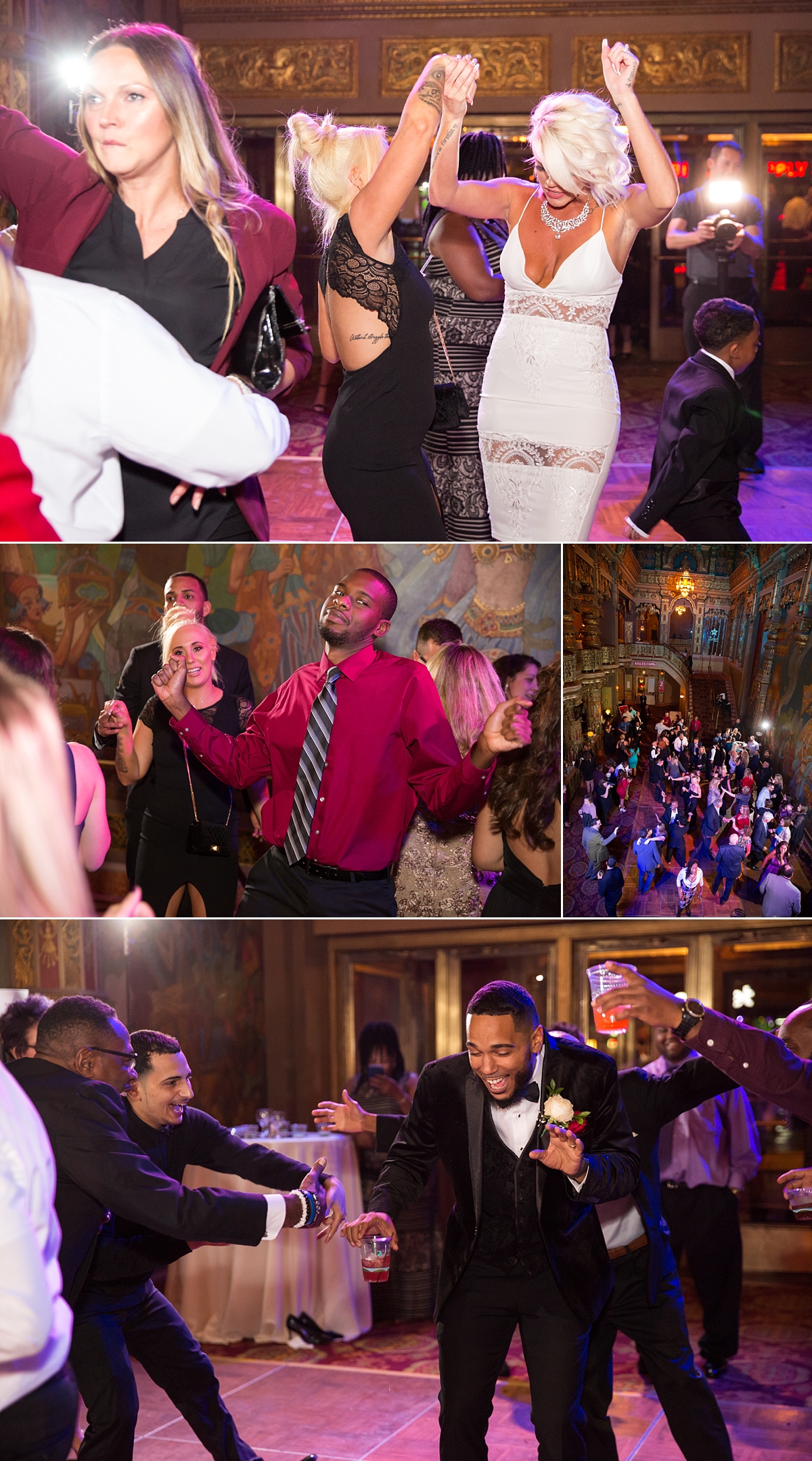 guests, bride, and groom dance at the landmark theatre, syracuse, ny, wedding reception, sarah heppell photography