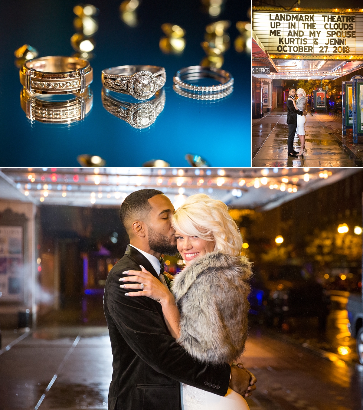 bride and groom stand outside the landmark theatre under the marquee, epic ring shot, sarah heppell photography, syracuse, ny