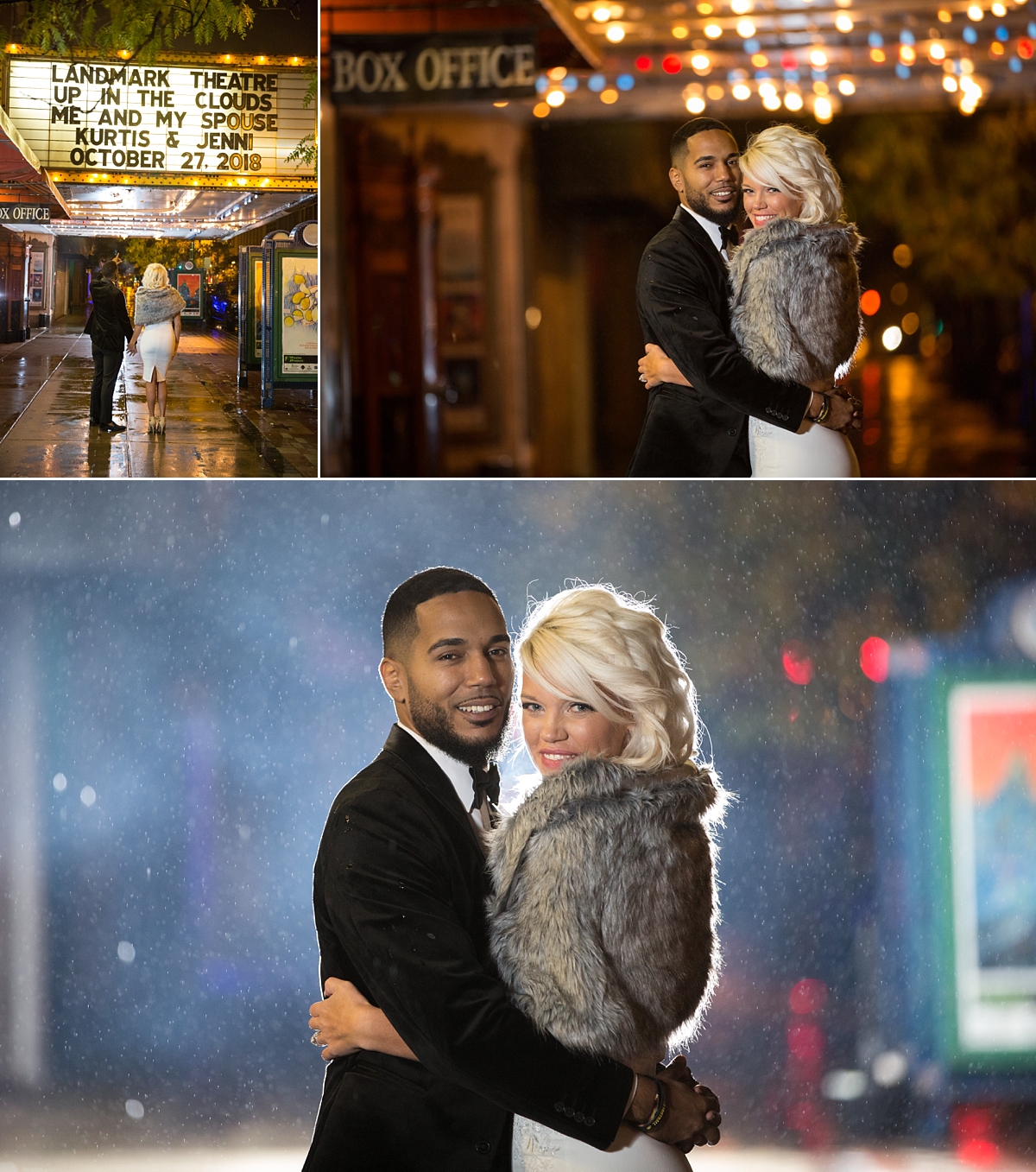 bride and groom stand outside the landmark theatre under the marquee in syracuse, ny, sarah heppell photography