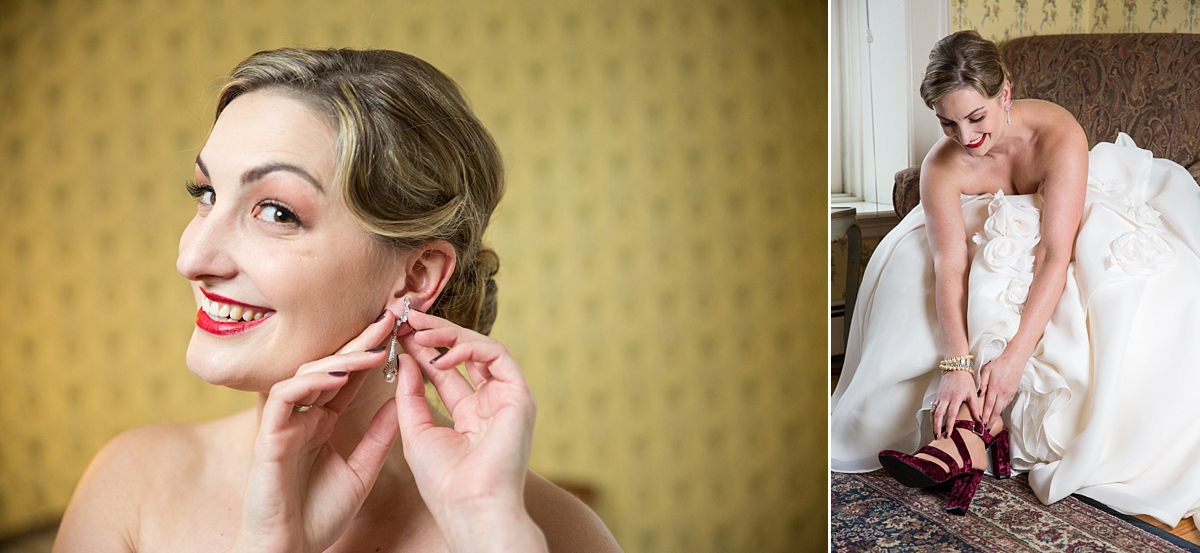 bride puts on her earrings at the lincklaen house in cazenovia, ny, sarah heppell photography