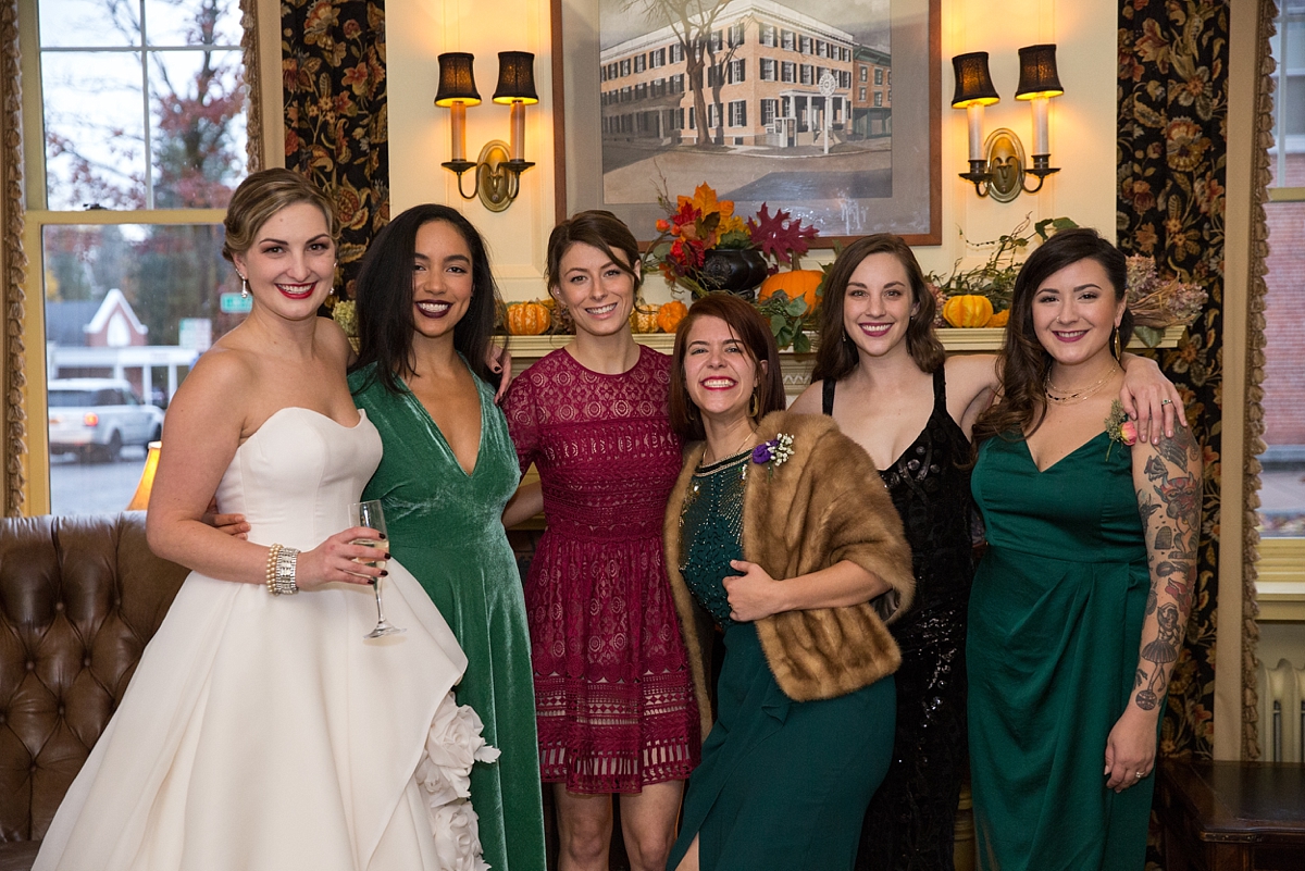bride poses with friends at the lincklaen house in cazenovia, ny, sarah heppell photography, cny
