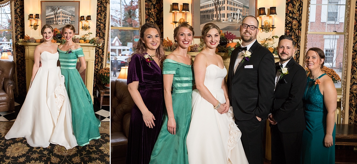 bride poses with friends at the lincklaen house in cazenovia, ny, sarah heppell photography, cny