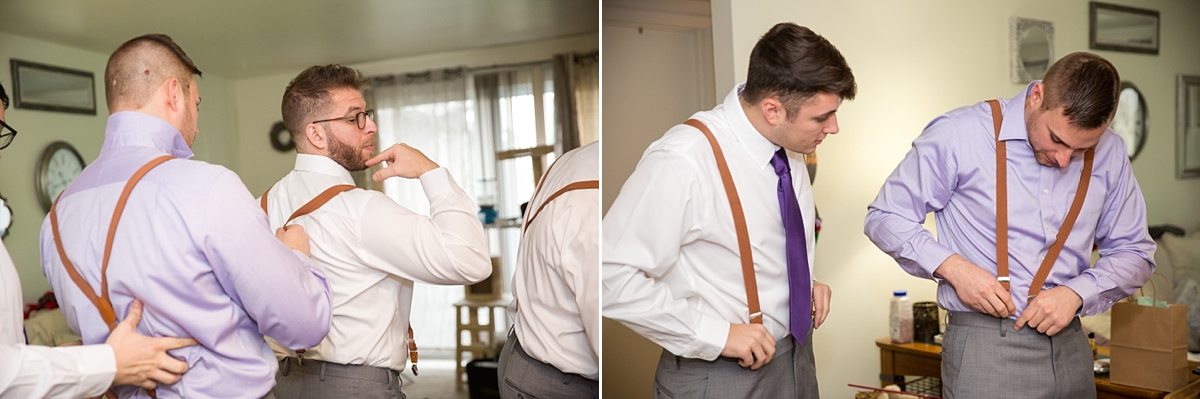 groom gets ready with his groomsmen in brown suspenders
