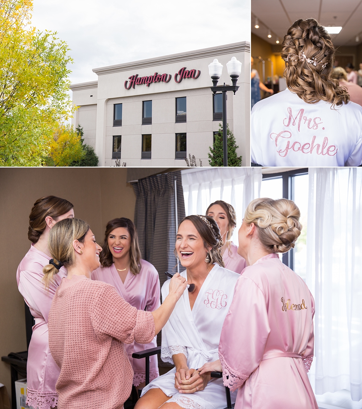 bride gets ready at hampton inn, bride gets ready with bridesmaids, bride getting ready in monogramed robe, bride getting makeup done, bride's hair all done up