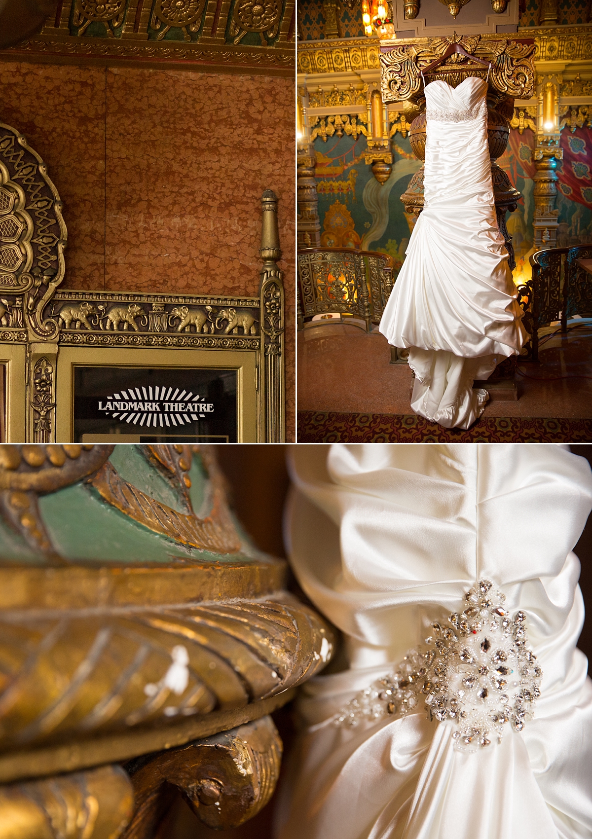 wedding dress from spybaby hangs at the landmark theatre in syracuse, ny, wedding dress detail against the details of landmark theatre, sarah heppell photography