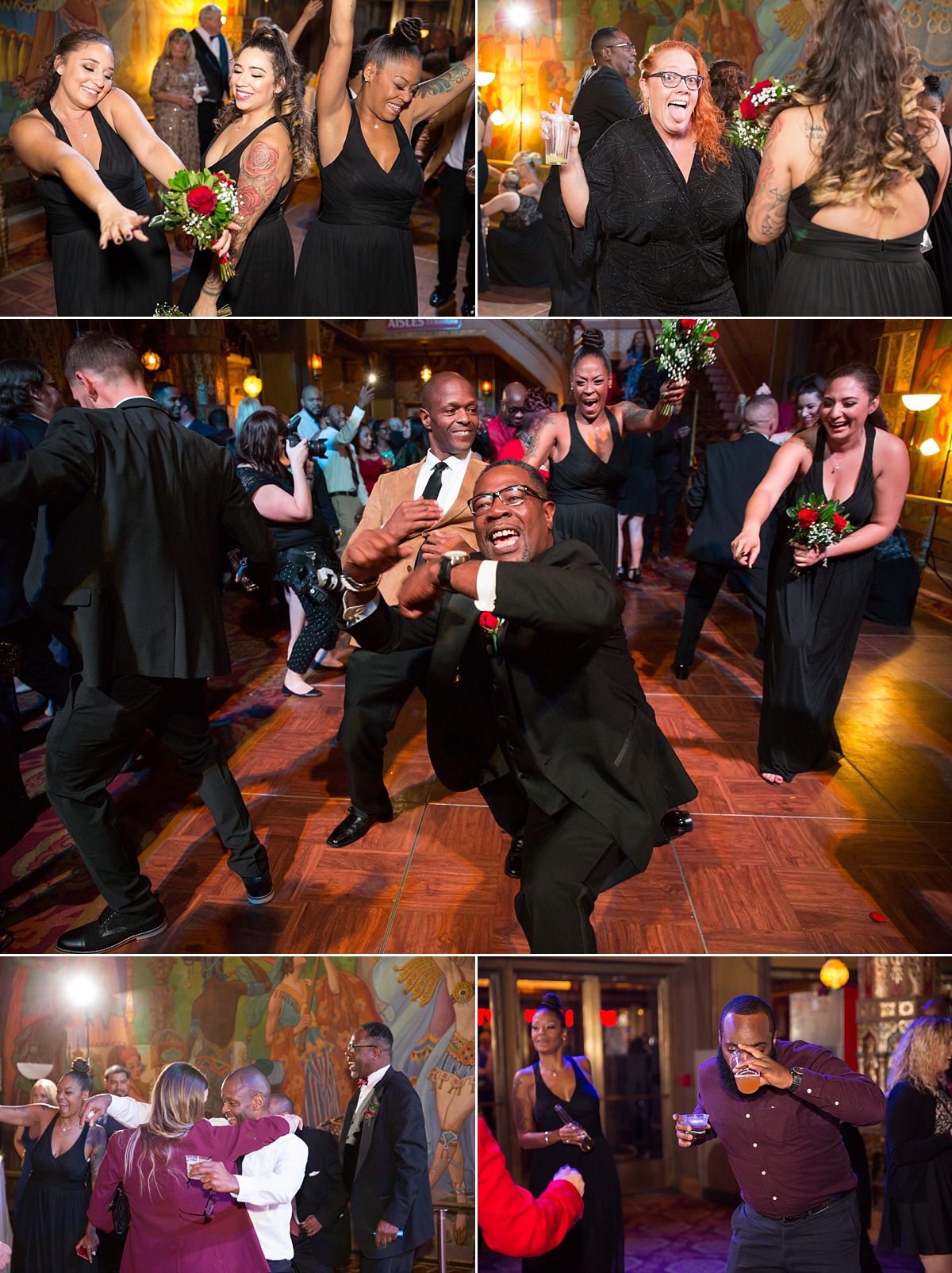 wedding guests dance at the landmark theatre, syracuse, ny, wedding reception, sarah heppell photography