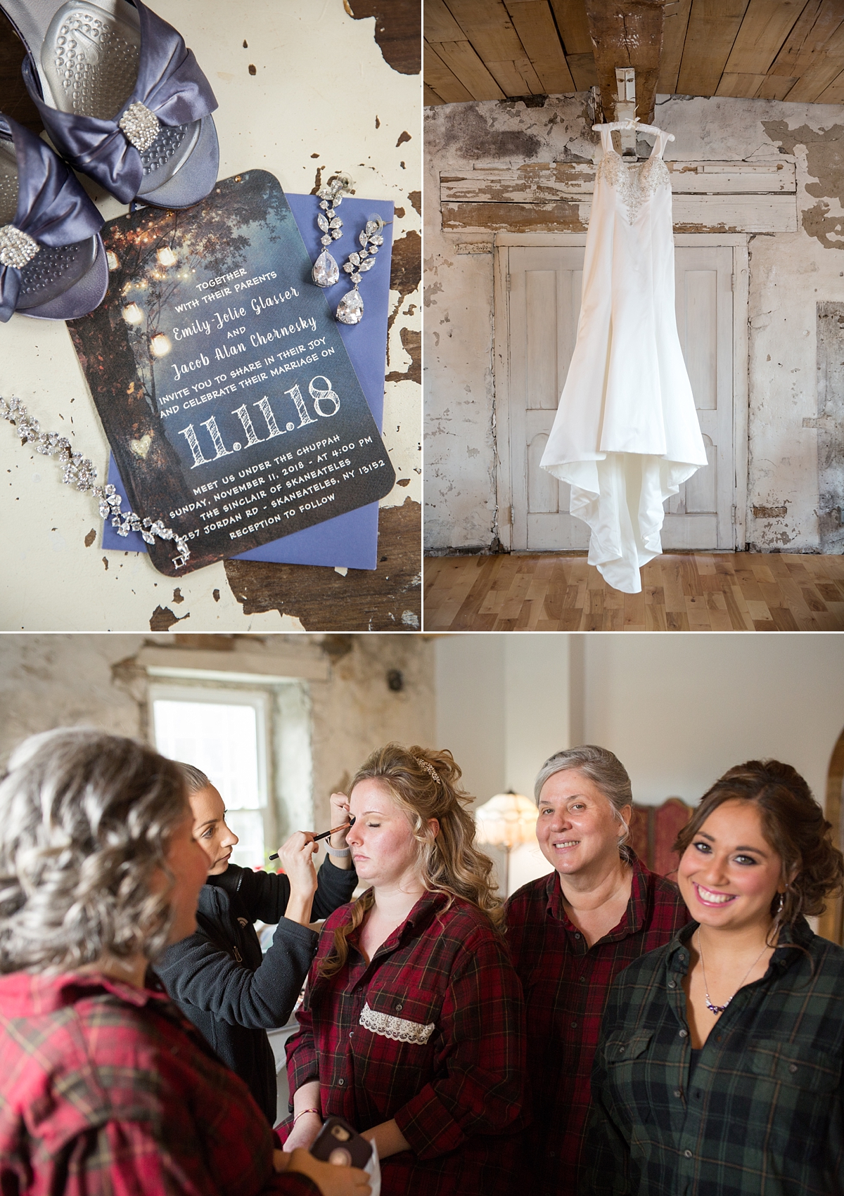 zazzle.com wedding invitation, wedding dress hands in the sinclair of skaneateles, bride in plaid gets makeup done